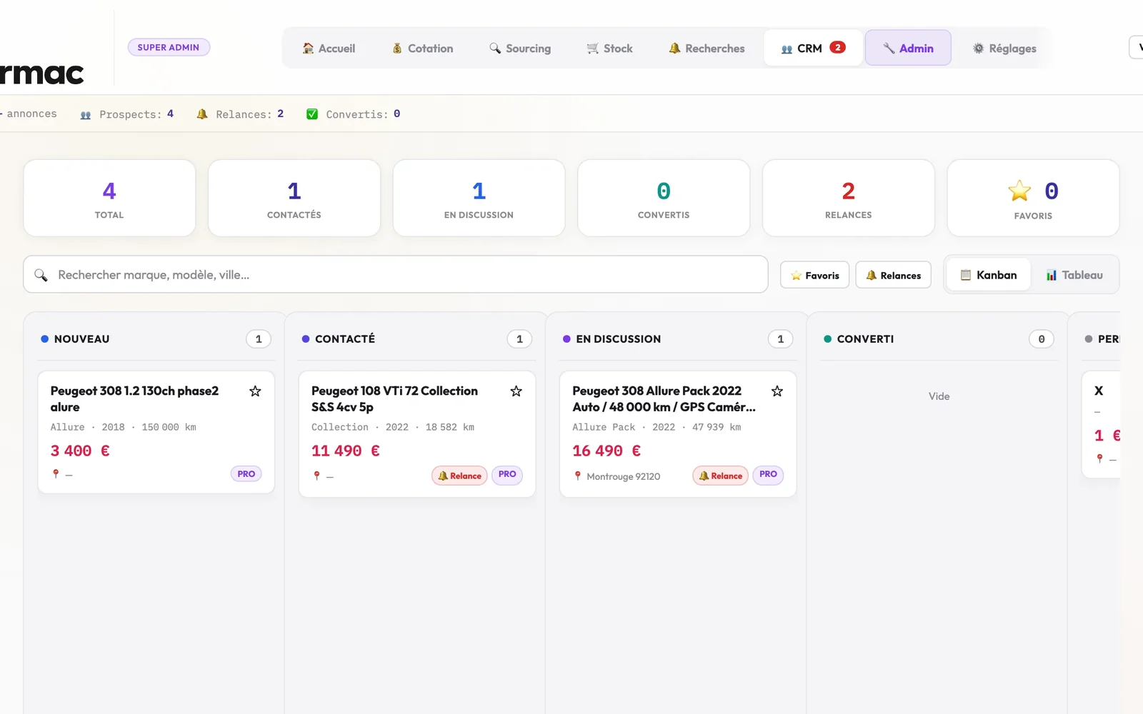 CRM Kanban automobile Tarmac : prospects classés Nouveau, Contacté, Discussion, Converti, avec relances et historique